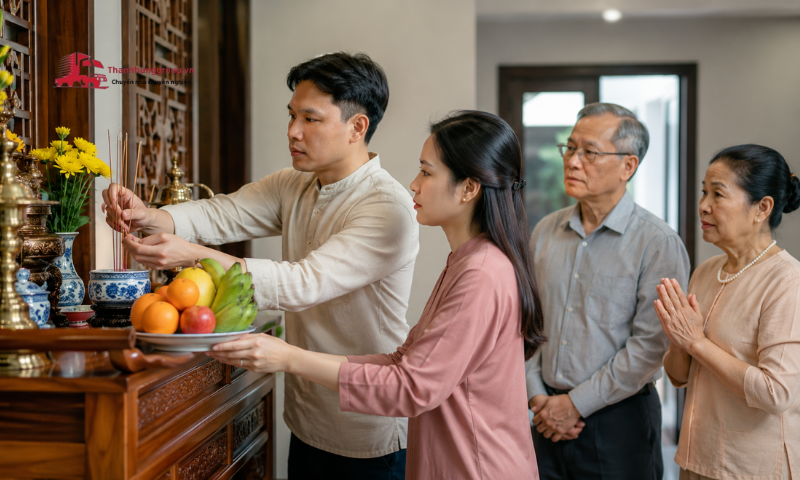 Gia chủ chuẩn bị bàn thờ, hoa quả và thắp hương trong ngày nhập trạch
